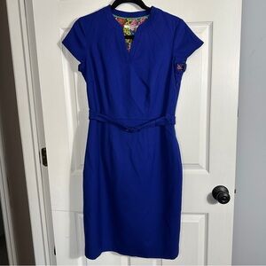 Boden royal blue short sleeved dress, size 8R, wool, belted, midi, office, party